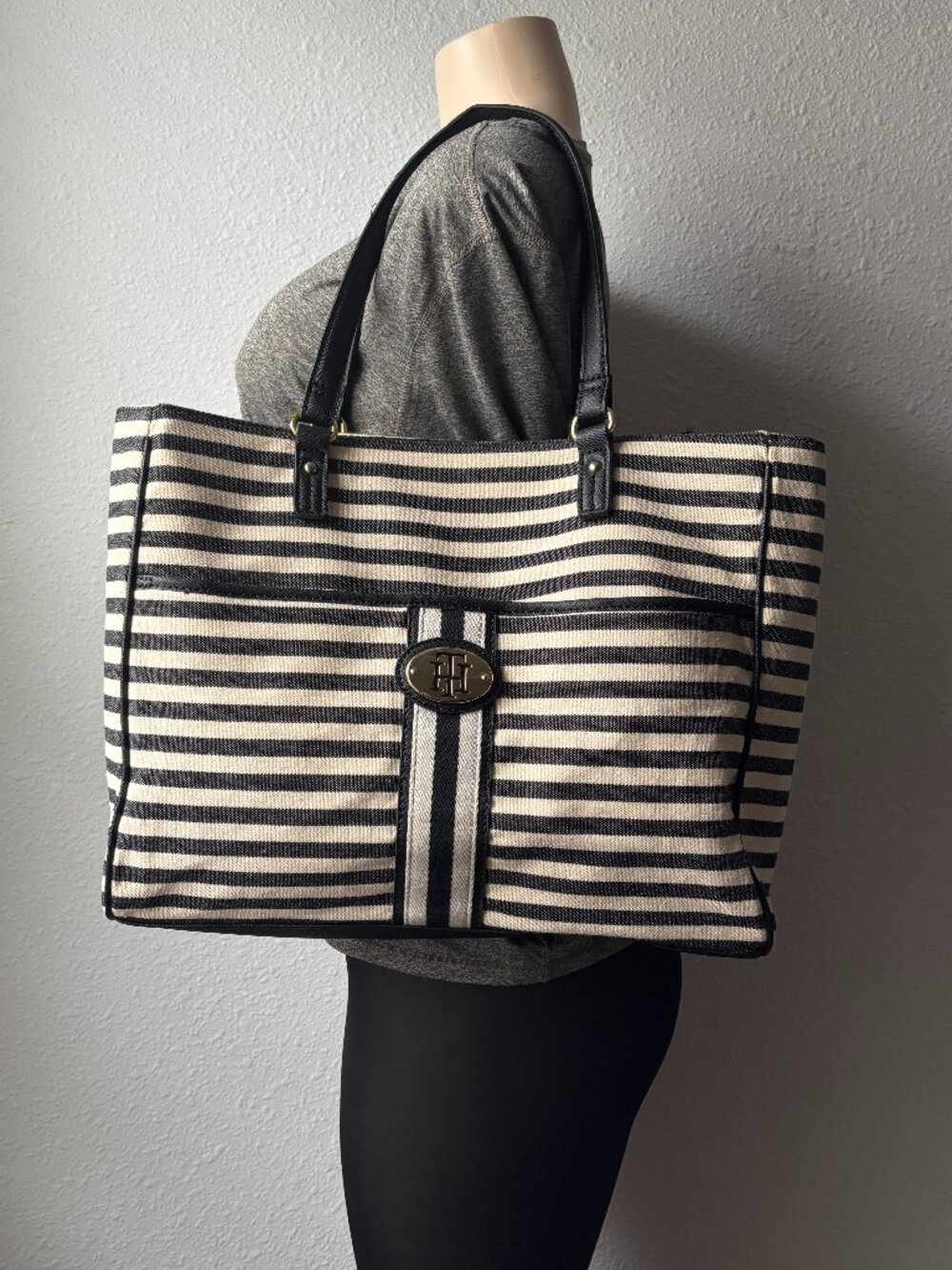 Tommy Hilfiger Navy White Striped Canvas Tote Bag Shoulder Purse Medallion Logo